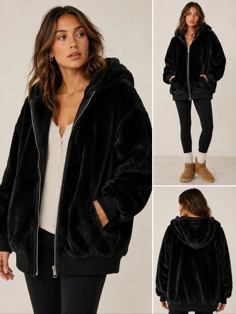 Free People Oversized Black Faux Fur Hooded Zip Jacket XL - Picture 2 of 10